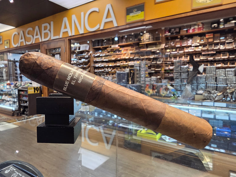 Cigar on a stand in front of a store display with 'Casablanca' branding. - The Roller Ash - Blue Mountain Cigars - El Threesome 