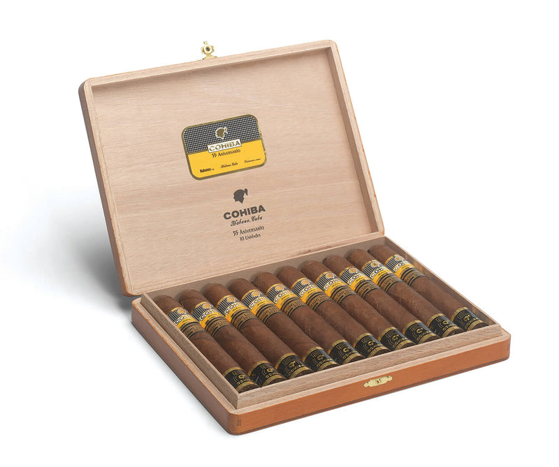 A box of Cohiba 55th Anniversary cigars, displaying multiple cigars with bands and an open lid showing the brand name.