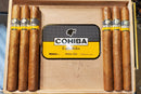 A box of Cohiba Esplendidos cigars, with individual cigars visible on the sides. The box has a wooden finish and the brand label is on the top.

Details