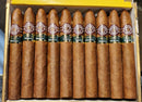 A box of Montecristo Open Regata cigars displayed with their caps facing up, showcasing the brand and type on the bands.